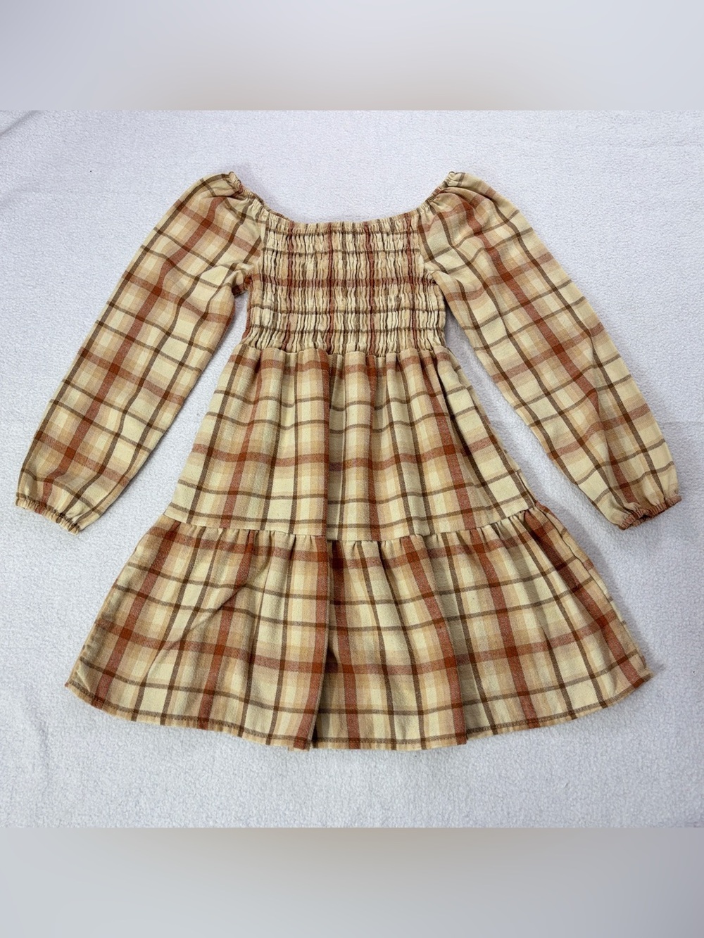Btween Girls Plaid Smocked Dress Size 8 Cream Brown Long Sleeve